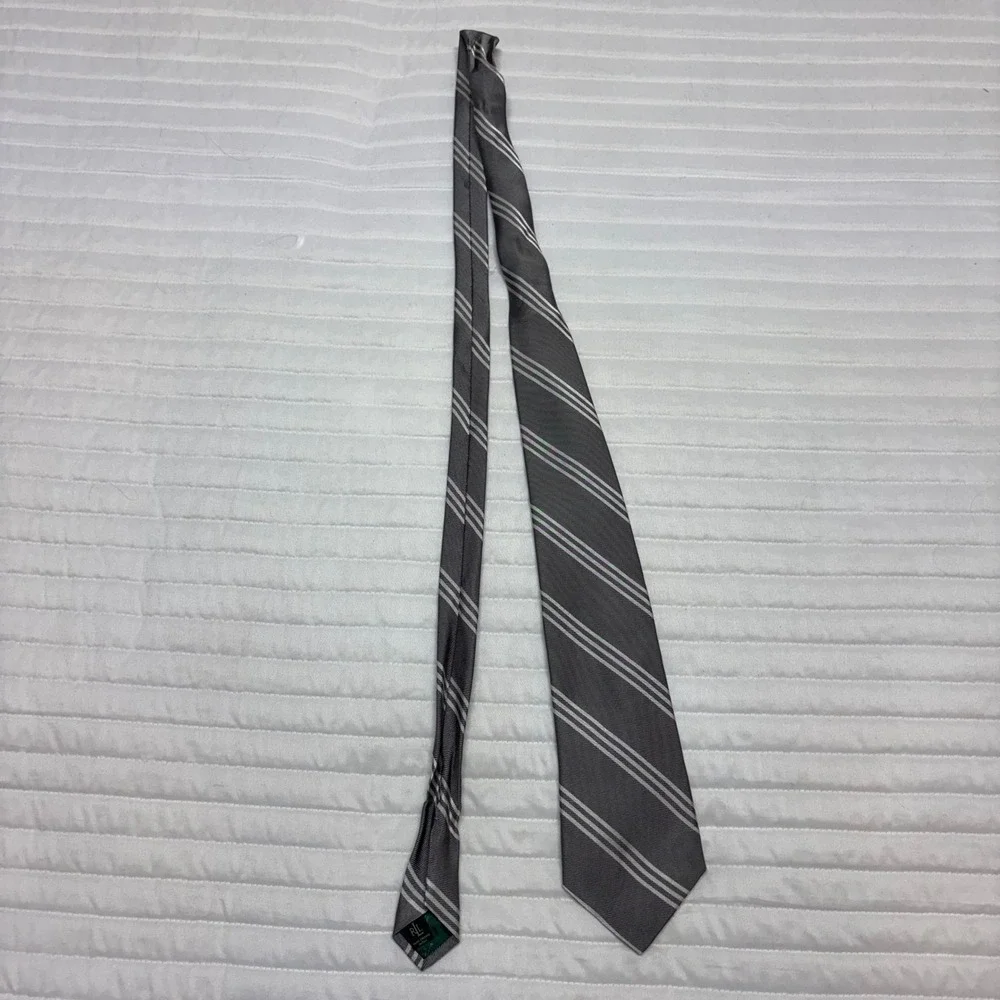 Lauren Ralph Lauren Mens Grey White Striped Silk Necktie Made in Italy‎